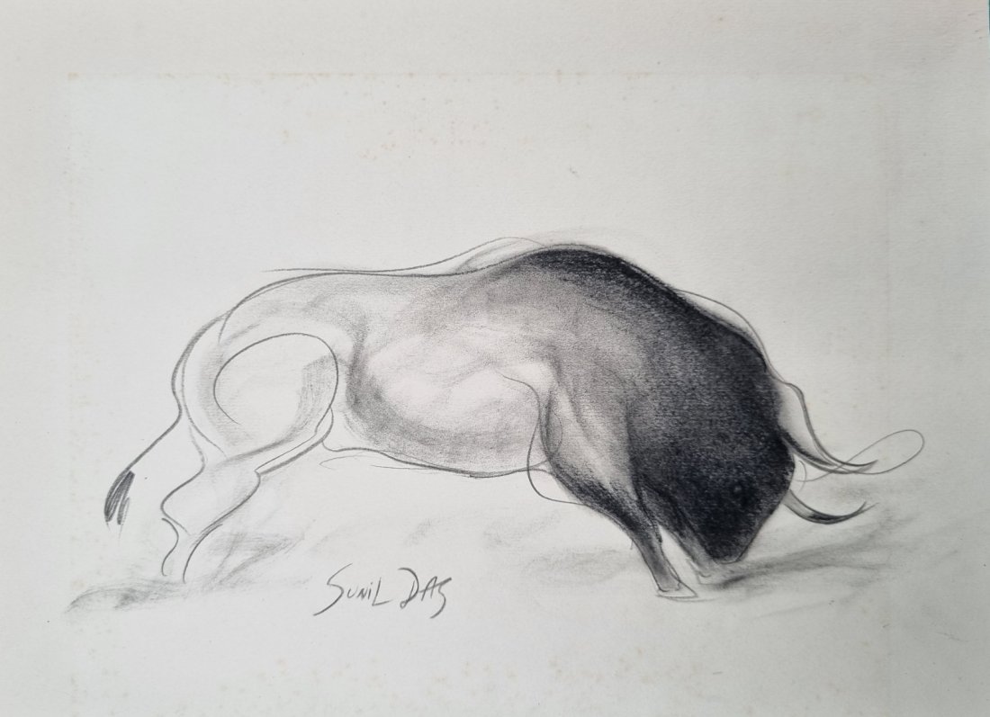Sunil Das original Charcoal drawing charging Bull: Sunil Das (4 August 1939 – 10 August 2015) was an Indian expressionist painter. He is known for the paintings in his Bull Series and his piece "Woman". This is a beautiful charging Bull in charcoal