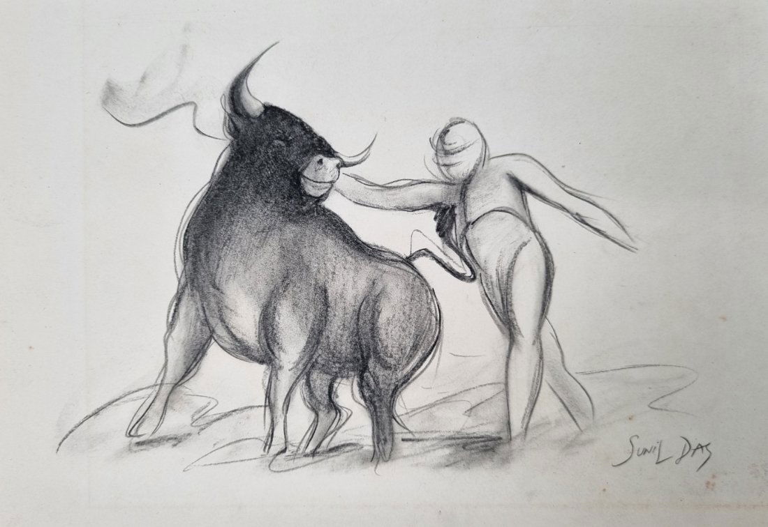 Sunil Das original Charcoal drawing of a Bull and Man: Sunil Das (4 August 1939 – 10 August 2015) was an Indian expressionist painter. He is known for the paintings in his Bull Series and his piece "Woman". This is a beautiful drawing of a Bull and man