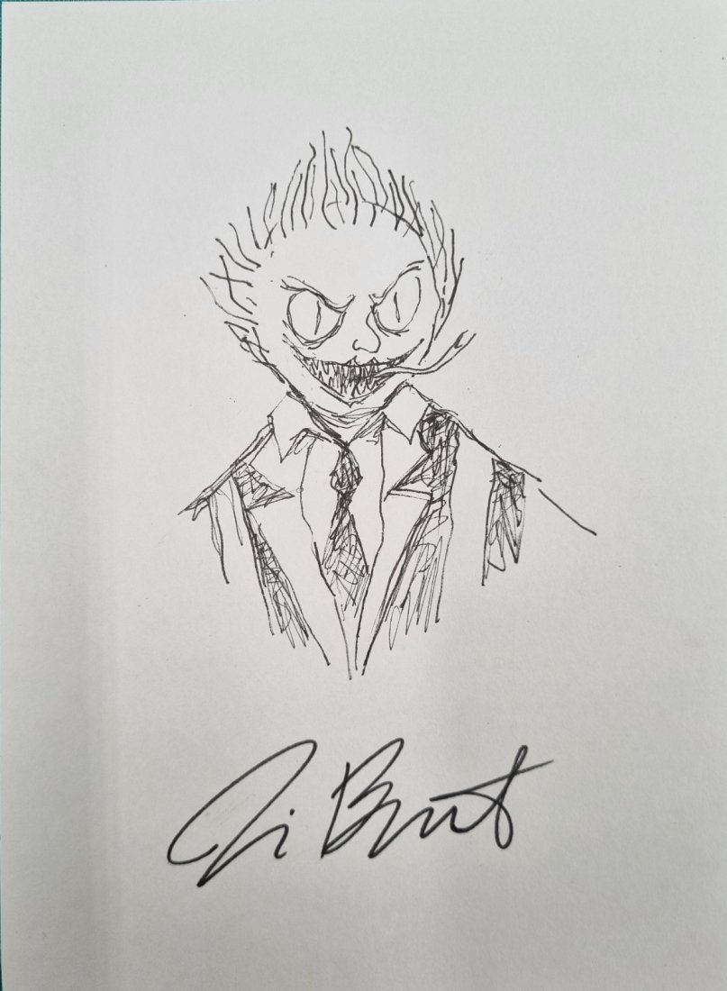 Tim Burton original concept drawing of Beetlejuice: Timothy Walter Burton(born August 25, 1958) is an American director, producer, writer, and animator. Known for pioneering goth culture in the American film. An original concept drawing of Beetle Juice