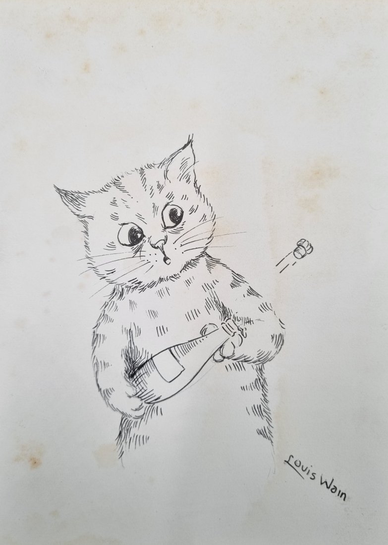 Louis Wain original Cat drawing Champaigne. (1 of 2)