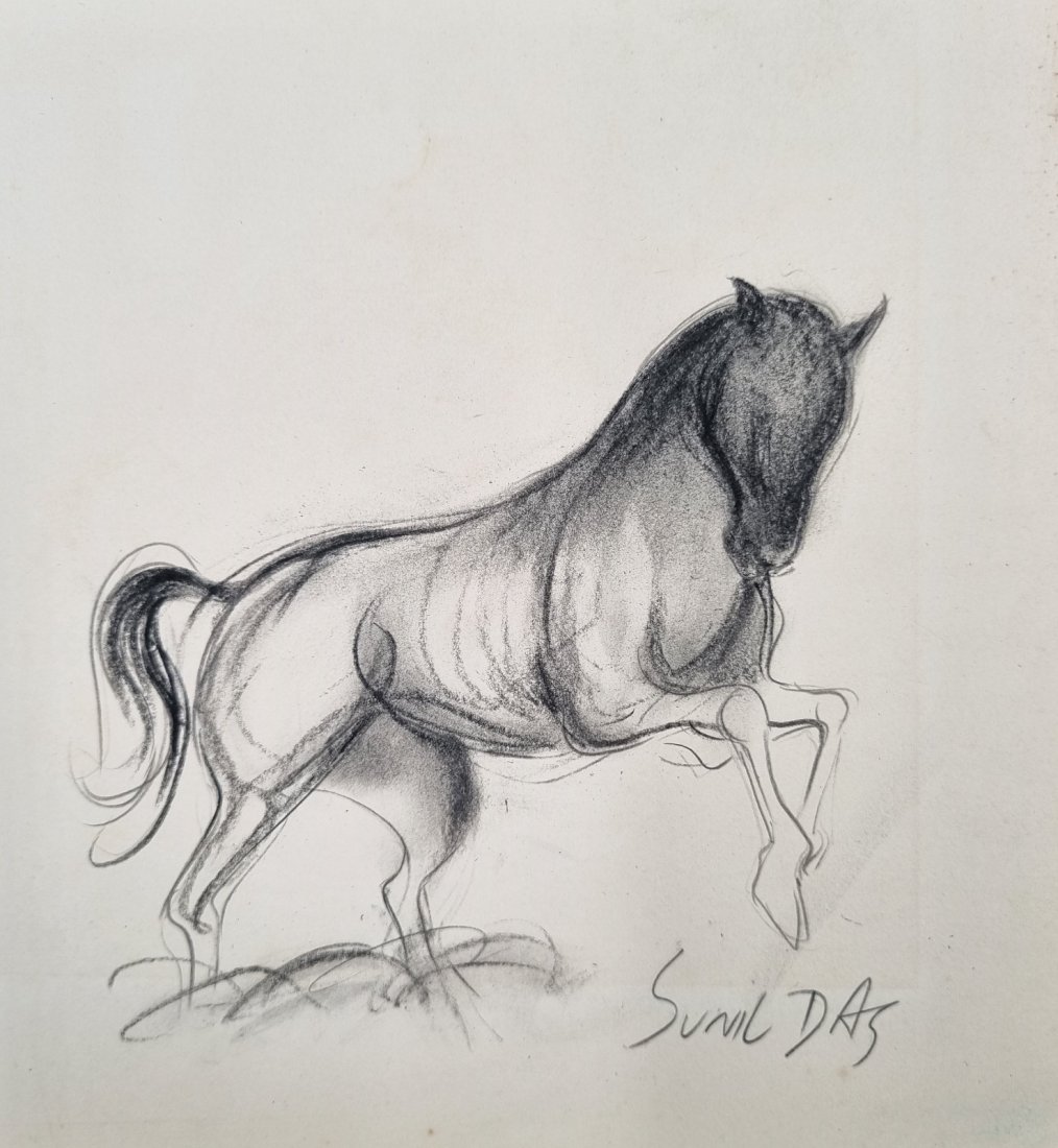 Sunil Das original Charcoal drawing Horse II: Sunil Das (4 August 1939 – 10 August 2015) was an Indian expressionist painter. He is known for the paintings in his Bull Series and his piece "Woman". This is a beautiful drawing of a Horse. This i