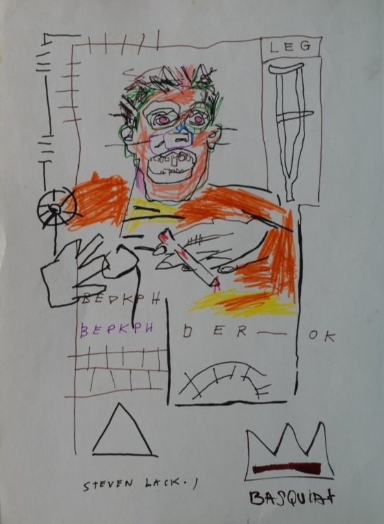 Jean-Michel Basquiat painting to paper certified No Reserve: Jean-Michel Basquiat (1960 - 1988) was a Puerto Rican/Haitian American artist known for his neo-expressionist paintings and graffiti art. This is an original painting to paper of an abstract man smoki