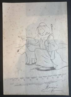 Herge pencil drawing of Tintin and Snowy in the desert No Reserve: Georges Prosper Remi (22 May 1907 – 3 March 1983), better known by the pen name Hergé, was a Belgian comics writer and artist. This is a pencil drawing to cream art card of Tintin and Snowy in the