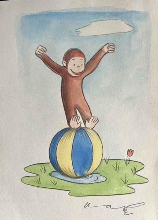 Curious George original watercolour by H A Rey at the Beach No Reserve (1 of 1)