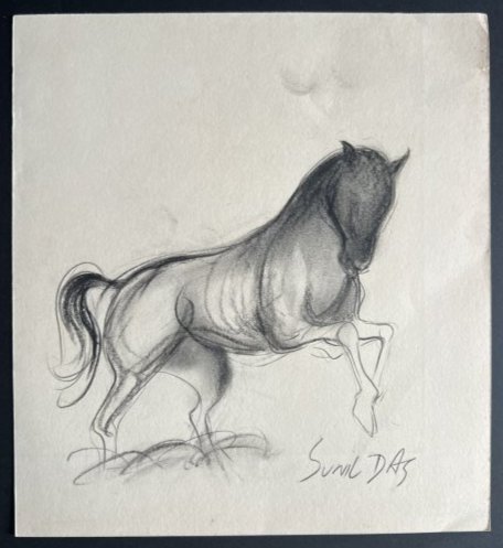 Sunil Das Horse drawing No Reserve: Sunil Das (4 August 1939 – 10 August 2015) was an Indian expressionist painter. He is known for the paintings in his Bull Series and his piece "Woman". This is a beautiful drawing of a Horse.This is