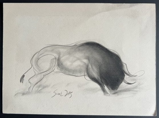 Sunil Das drawing of a charging Bull No Reserve: Sunil Das (4 August 1939 – 10 August 2015) was an Indian expressionist painter. He is known for the paintings in his Bull Series and his piece "Woman". This is a beautiful drawing of a charging Bull