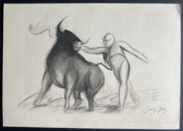 Sunil Das drawing of a Matador and Bull No Reserve: Sunil Das (4 August 1939 – 10 August 2015) was an Indian expressionist painter. He is known for the paintings in his Bull Series and his piece "Woman". This is a beautiful drawing of a Matador and B