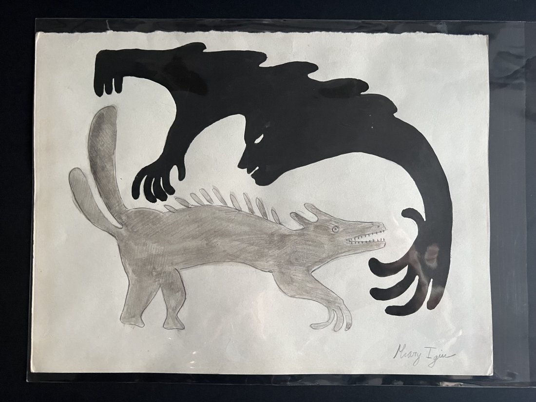Mary igui Original drawing V No Reserve: Mary Igiu was an Inuit Indigenous Art artist who was born in 1925 and past away in 1968. Best known for her fantastic Beasts as offered in this auction. This is an original piece of artwork in pencil 