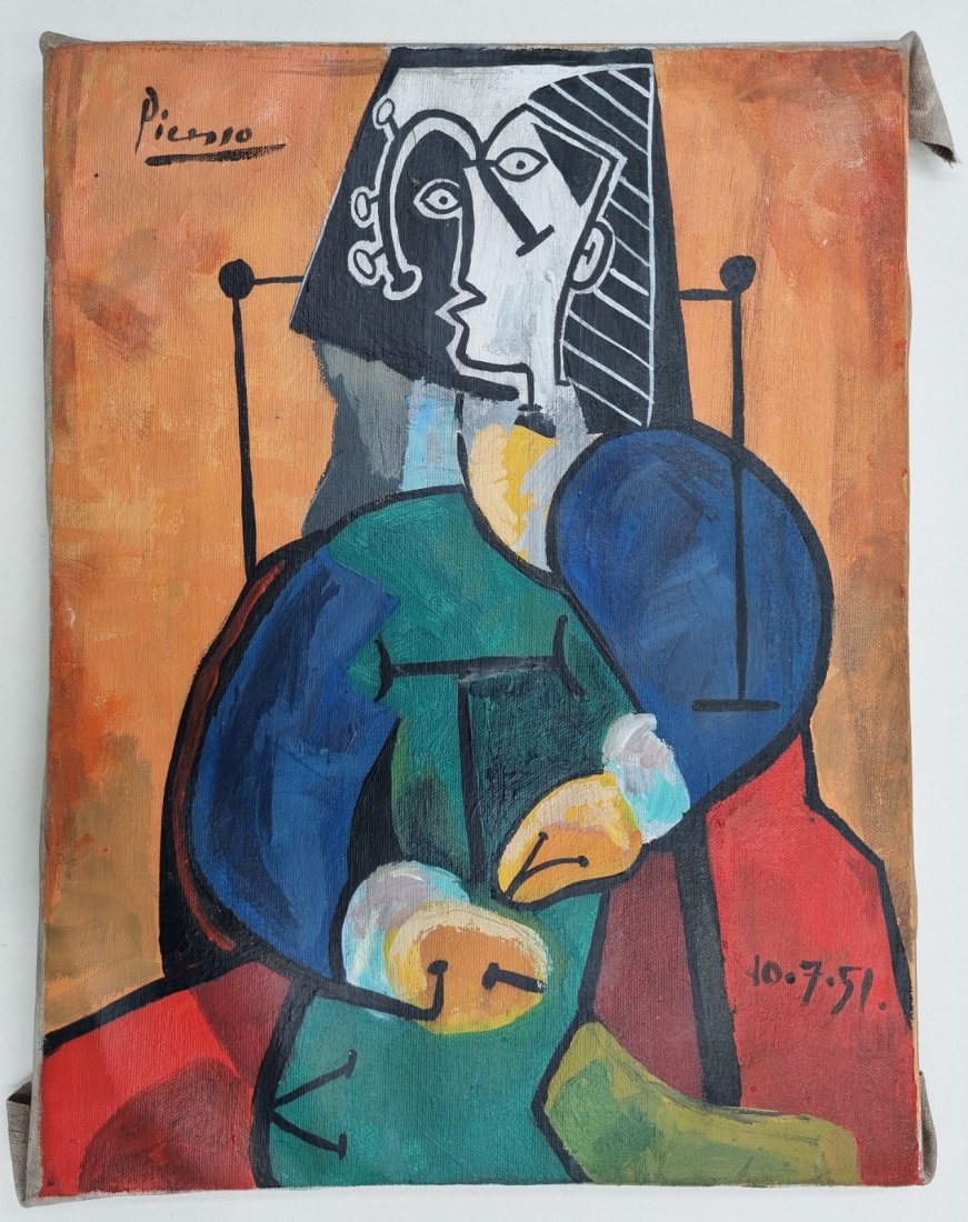 Pablo Picasso Oil to canvas on wooden frame 10.7.51 No Reserve: Pablo Ruiz Picasso (25 October 1881 - 8 April 1973) was a Spanish painter, sculptor, printmaker, ceramicist and theatre designer who spent most of his adult life in France. An Oil painting to canvas o