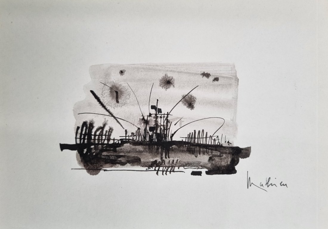 Georges Mathieu original painting paint-wash No Reseve: Georges Mathieu (27 January 1921 – 10 June 2012) was a French abstract painter, art theorist, and member of the Académie des Beaux-Arts in Paris. This is an original painting or Paint-wash by Georg