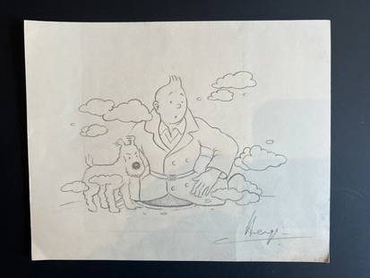 Hege  TinTin & Snowy Pencil drawing No Reserve: Georges Prosper Remi (22 May 1907 – 3 March 1983), better known by the pen name Hergé, was a Belgian comics writer and artist. This is a pencil drawing to cream art card of Tintin and Snowy.This is