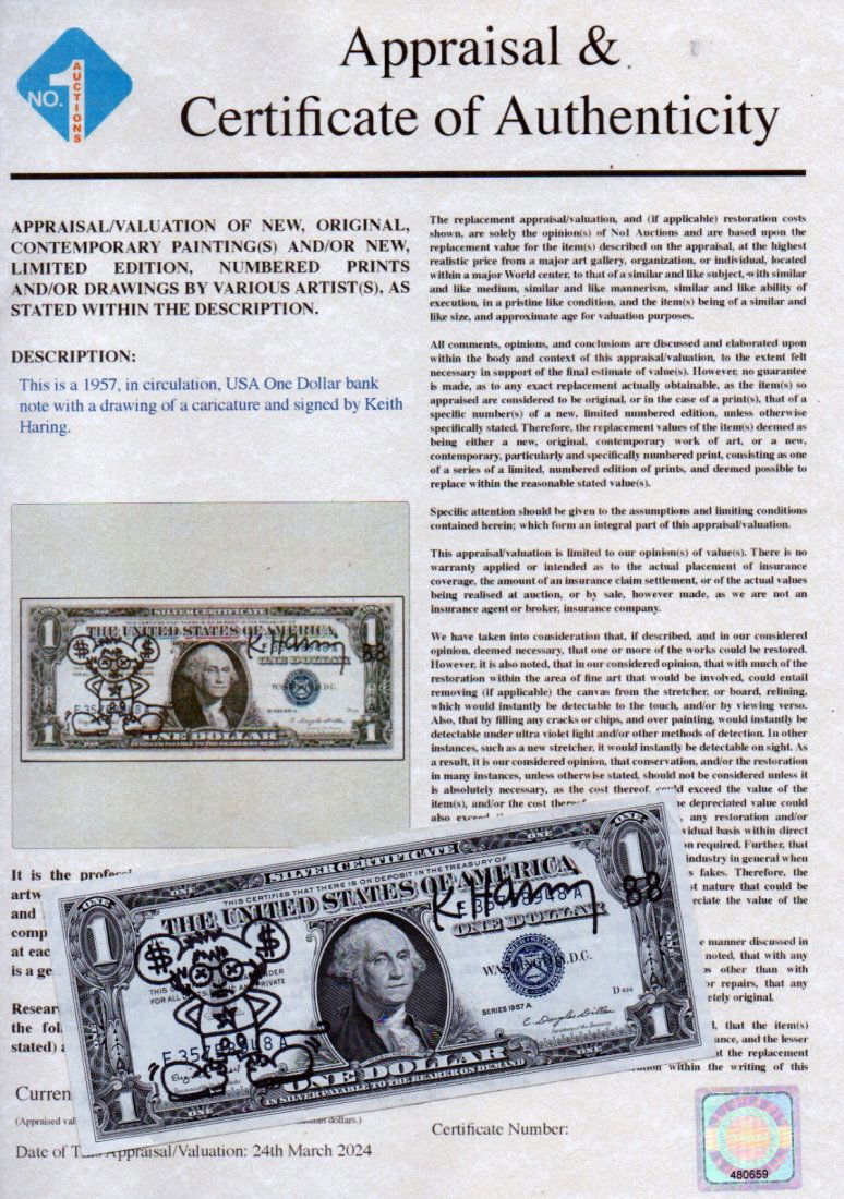 Keith Haring drawing on a $1.00 USA note dancing (1 of 1)