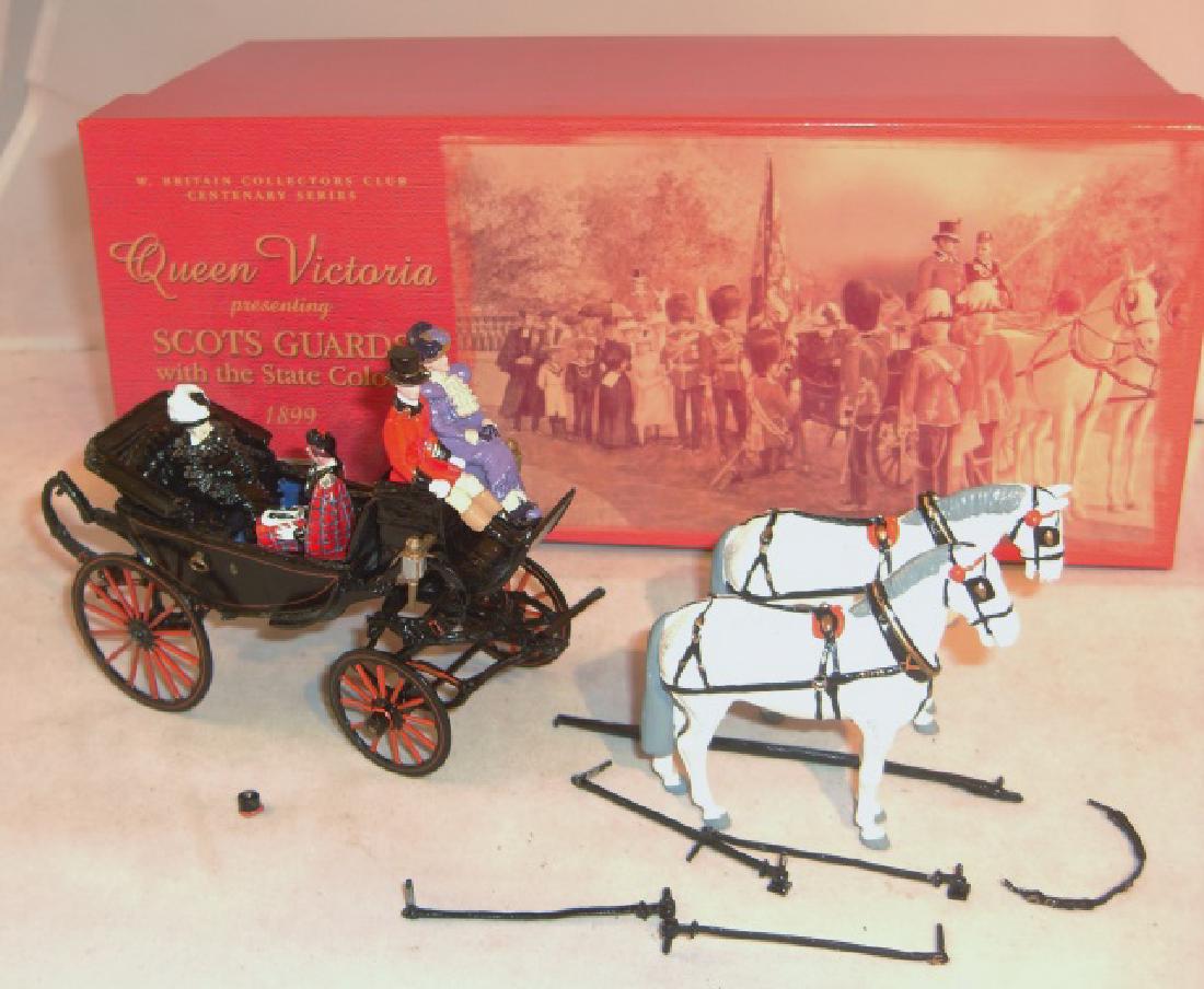 Britains Collectors Club Centenary Series #00293: #00293 Queen Victoria in the Royal Barouche with Attendants; 4 figures, 2 horses, barouche and harness pieces; right rear wheel hub cap broken off, wheel loose (hub cap present); production limited to
