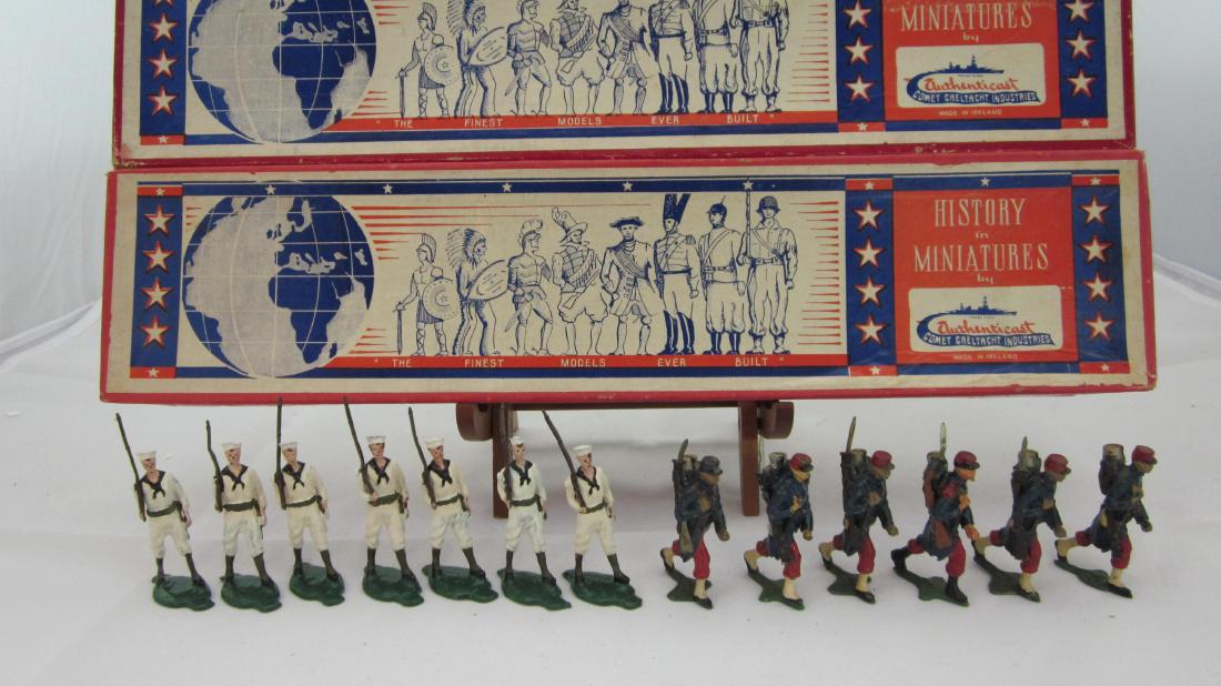 Authenticast Set #623 Zouaves & Comet Sailors: French Zouaves. 6 pieces. Condition good, some retouching & 1 bayonet gone; with Comet U.S. Sailors. 7 pieces. Condition very good. Both sets in History of Miniatures label boxes, condition good, 1 ta
