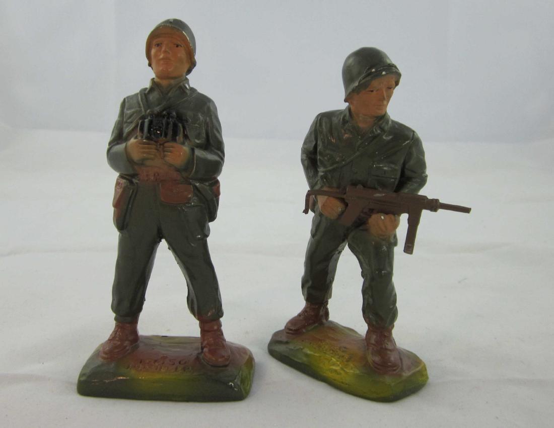 J.H Miller Plaster WWII/Korean War U.S. Soldiers: Miller GIs, #M5 Officer with binoculars & M13 advancing with machine gun. 2 pieces. Condition excellent, minute chips, replaced metal machine gun