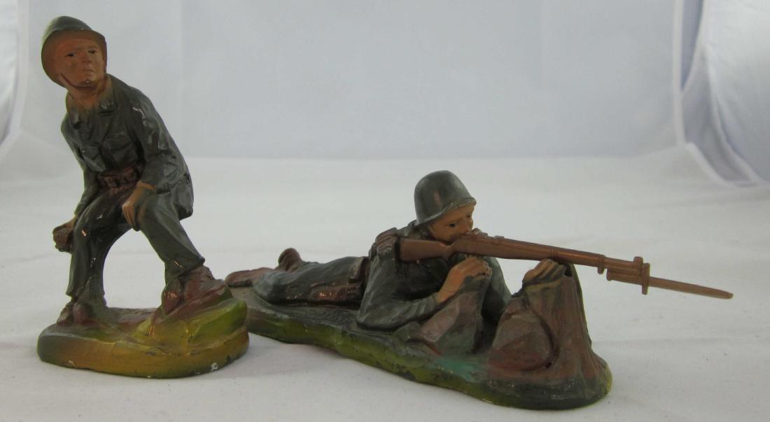 J.H Miller Plaster WWII/Korean War U.S. Soldiers: Miller GIs, #M10 soldier prone with rifle & M14 tossing grenade (Alan Ladd?). 2 pieces. Condition excellent, a couple minute chips