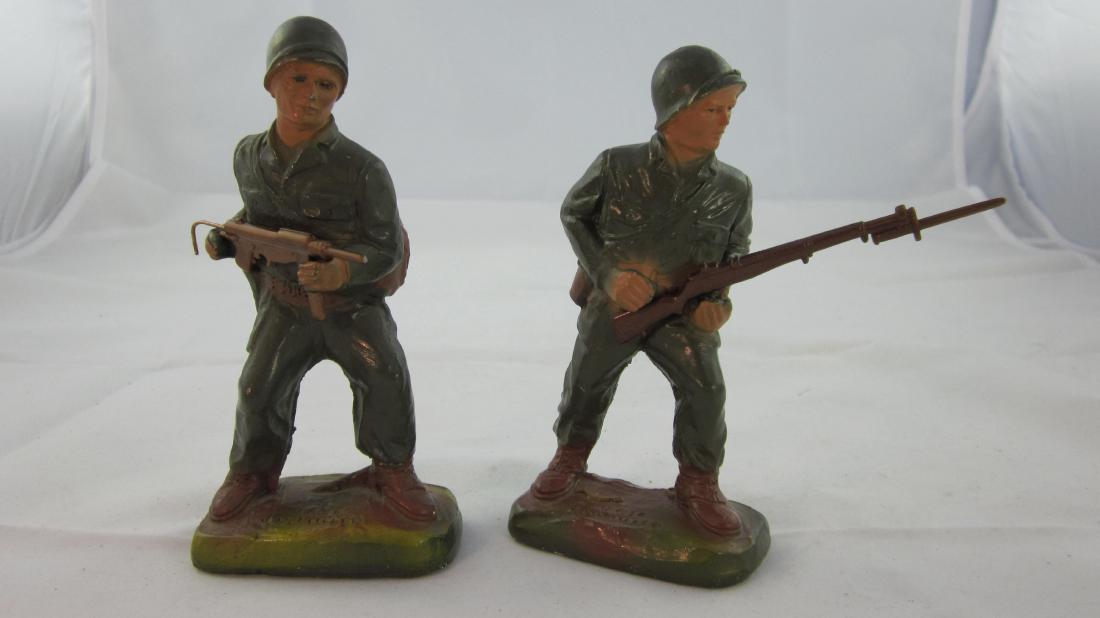 J.H Miller Plaster WWII/Korean War U.S. Soldiers: Miller GIs, #M13 advancing with rifle & M15 charging with machine gun. 2 pieces. Condition excellent, a couple minute chips