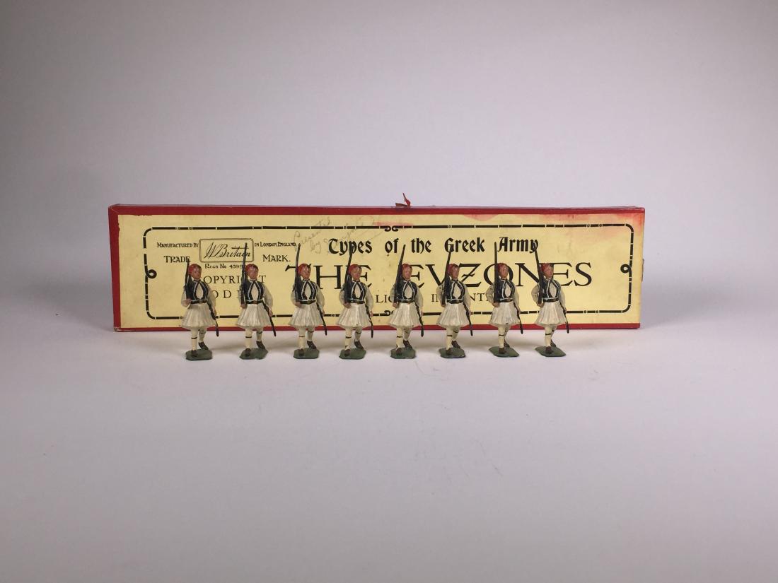 Britains Set #196 Greek Evzones: Post War. In original box with tie card. 8 Pieces. Condition Figures Excellent. Condition Box Very Good.