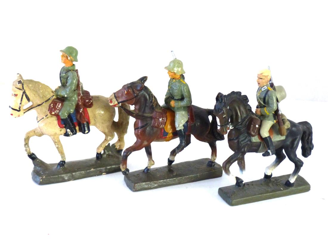 Elastolin Duro Krock 3 Mounted German Soldiers: Reiner Krock German cavalry is like new, about 20 years old. Elastolin with rifle on back has one small crack and excellent paint. Same for horse. Duro rider is molded into the horse. Nice detail to r