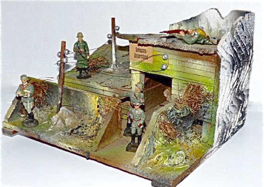 Kiwa Communications Bunker 5 German Soldiers: The German Co. Kienel used the logo KIWA for their bunkers. Few minor cracks. All original with excellent color/ detail. 11 inches x 9 inches. Note side and back walls painted white. Winter. 5 soldier