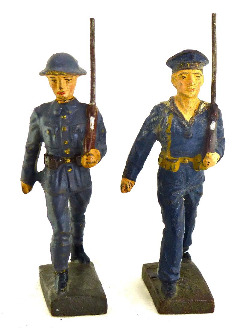 Lineol 2 Portuguese Soldiers 1 Navy 1 with Rifle: 1 boot crack with just some light wear and small nick to helmet rim. Faces and paint quality excellent. 2 pieces. 7.5 cm. Made about 1934-39. Very Good.