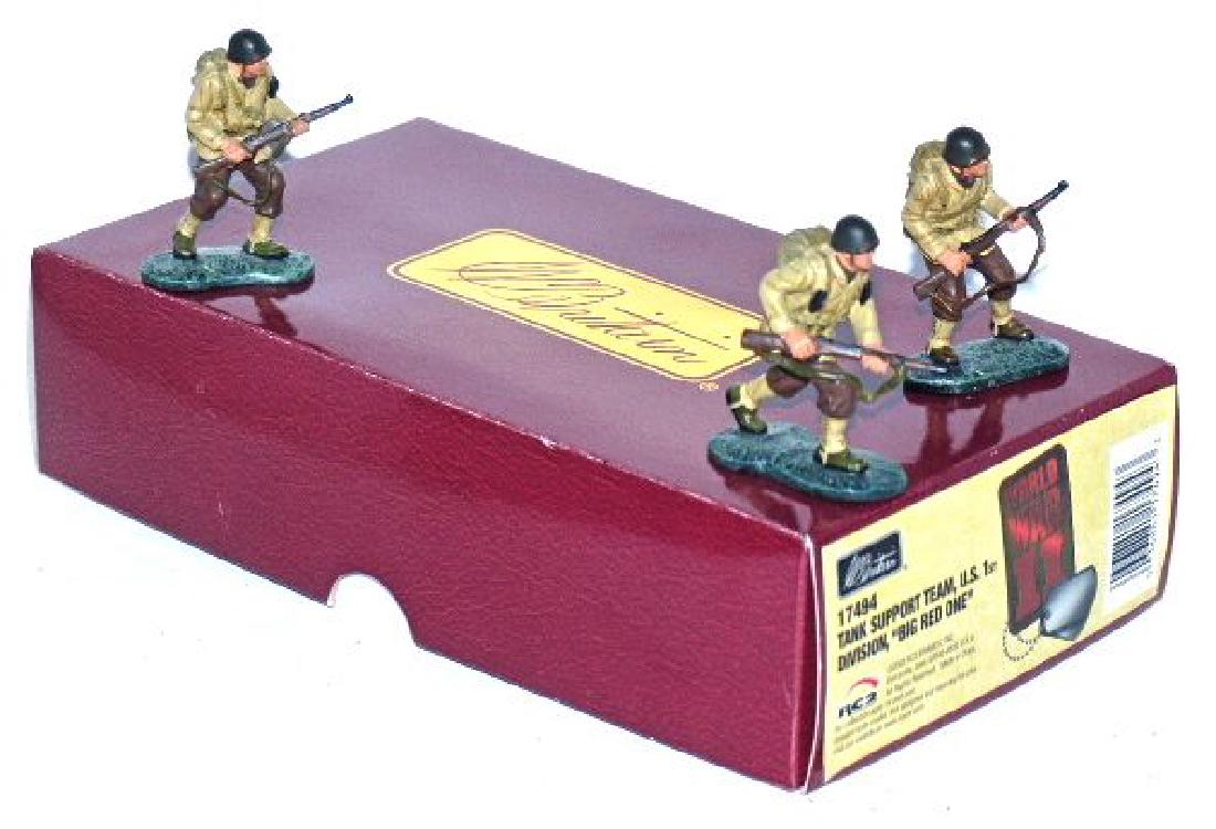 W Britains Big Red One Tank Support: All 3 figures are without wear or damage. 3 different molds. Advancing with rifle held up, advance with rifle held level, and ready with weapon. Excellent painting and details to uniforms and weapons.