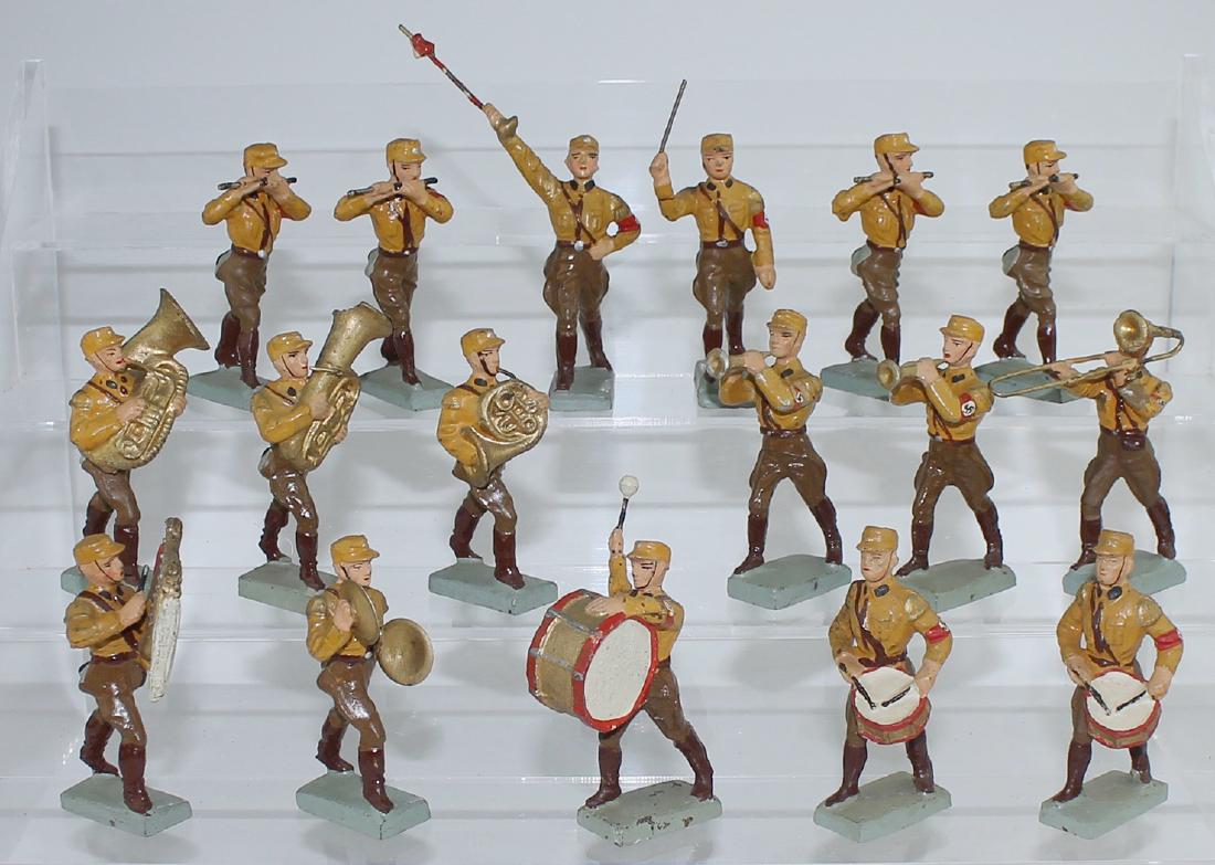 Lineol 70mm Nazi Brownshirt Band: Lineol of Germany. SA Brownshirt marching band. Includes music master, drum major, percussion, winds and brass. Circa 1935. Condition: overall very good. Some paint loss and expansion cracks to a few 