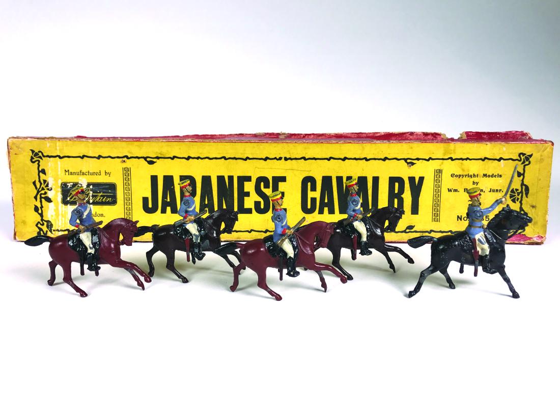 Britains Set #135 Japanese Cavalry: in original Printers box with tie card. Circa 1903. Light blue tunics. 5 Pieces. Condition Excellent, box Good -- lid missing edge sections.