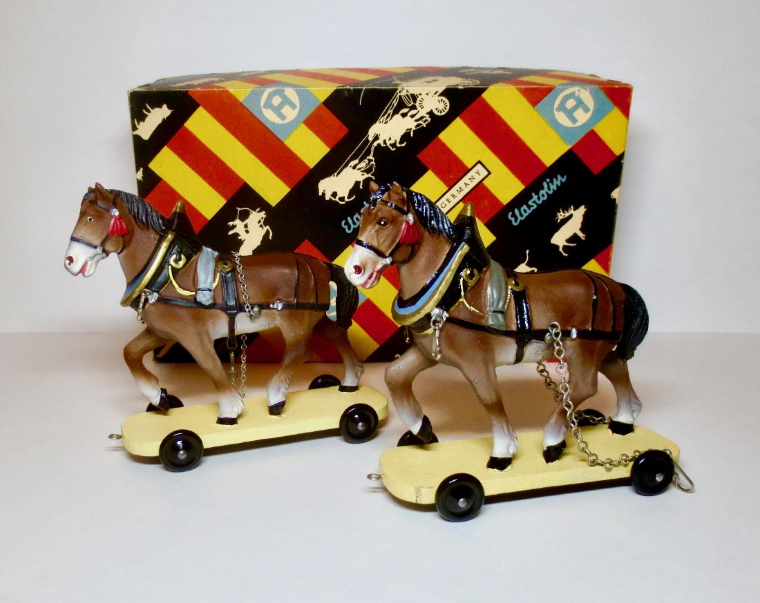 Elastolin Brown Plow Horses on Wheels Set #4812 (1 of 1)