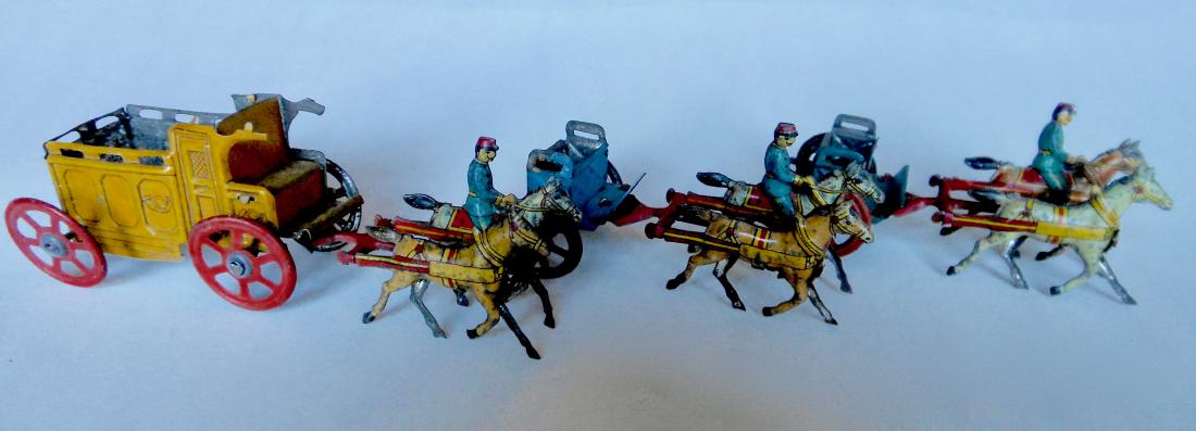 French Penny Toy Carriage (missing top) and: 3 Outriders. Pre World War 1. Condition is fair.