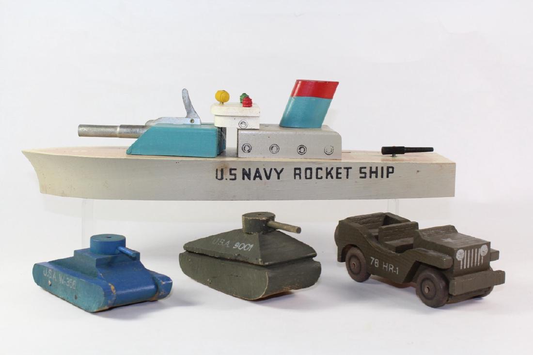 Keystone Toys War Production Toys: Wooden Boat, Jeep, Tank Very Good Condition No Box 4 Pieces