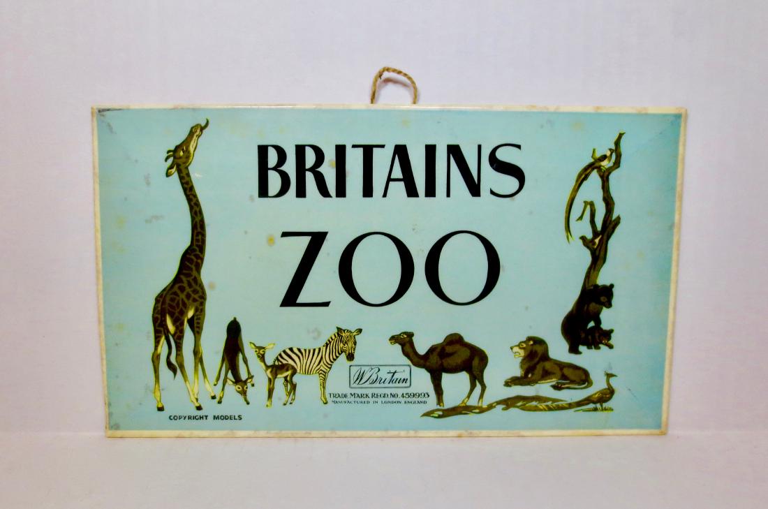 Britains Zoo Laminated Tin Advertising Sign: 1 piece. Post War. Very good condition with a few minor stains. No box.