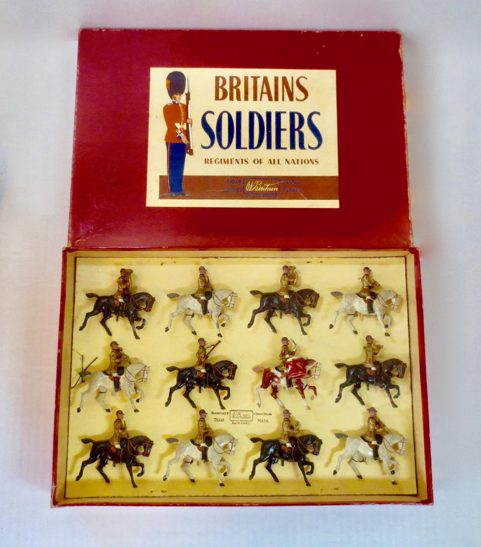 Britains Set #101 The Band of the Life Guards: 12 pieces. Slot arms, Circa 1900-1910. Excellent condition tied in Post War R.O.A.N. Box very good (with some fading on the top, and two top corner splits).