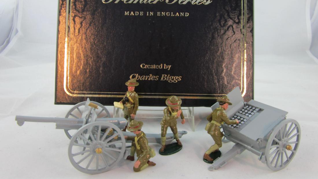 Premier Set #8936 French 75mm Gun & Crew: Unusual U.S. Gun Crew in campaign hats with French 75mm Gun & limber. 6 pieces. Condition mint in excellent box.