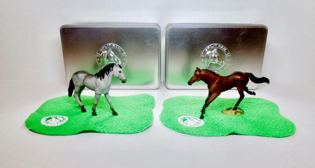 Split Rail Fine Pewter Horses #1051 & #1061: 2 pieces. 1 Arabian - Dapple Grey, and 1 Thoroughbred - Bay. Excellent condition. Decorative Tin Boxes excellent.