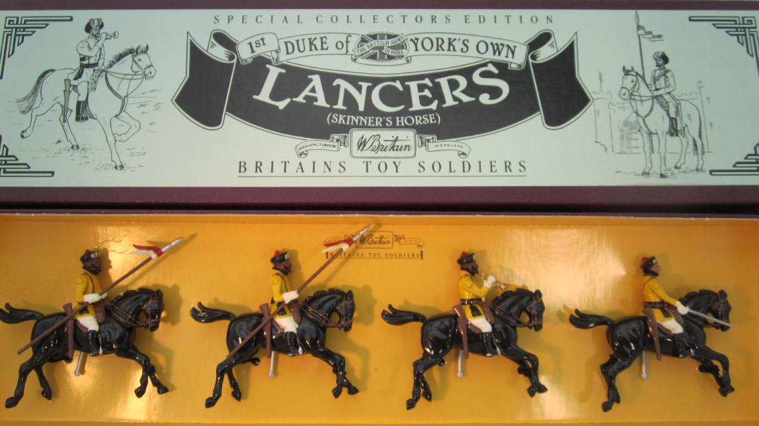 Britains Set #8834 Duke of Yorks Own Lancers.: Duke of Yorks Indian Army Cavalry. 4 pieces. Condition mint in excellent box, rubber band remnants on tray.