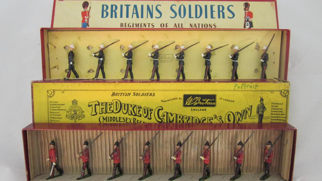 Britains #35 & 76 Royal Marines & Middlesex.: Royal Marines with Middlesex Infantry circa 1950. 16 pieces. Condition of Royal Marines is excellent in excellent ROAN box, Middlesex is very good, mismatched & slight embellish to 3 arms, in good pre