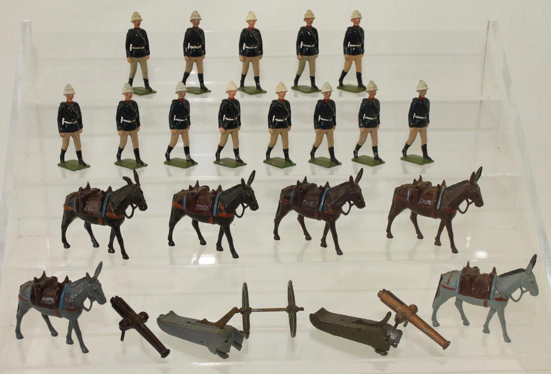 Britains From Set #28 Mountain Artillery: Lot includes Post War 13 gunners, 6 mules, one complete mountain gun and one partial gun lacking wheels. 24 pieces. Some mismatched paint. Condition good. No Box