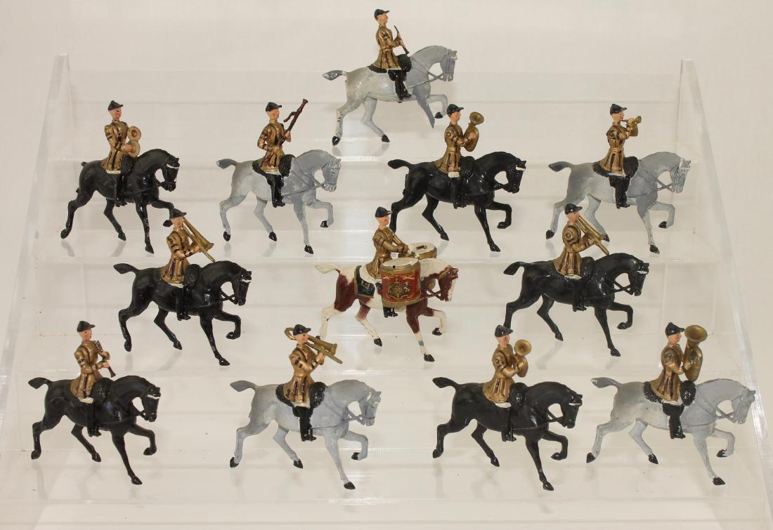 Britains Set #101 Band of the Life Guards: Band of the Life Guards. Post War version. 12 pieces. One horse leg and horse tail broken. Condition good to very good with horse hooves retouched. No box.