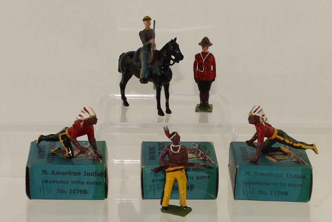 Britains Lot Picture Packs: Lot includes two Picture Packs #1179B North American Indian Crawling with box, #74B North American Indian Standing Holding Rifle with box, #1365B ACW Confederate Cavalry Officer at Halt, and #1374B RC