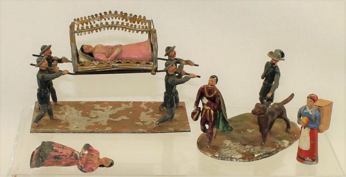 Heyde Germany RARE Vignettes to Snow White: Georg Heyde of Germany, Circa 1910. A lot of vignettes and figures from the rare Snow White fairytale set. Includes a vignette of Snow White's funeral procession with open coffin, a vignette of the pr