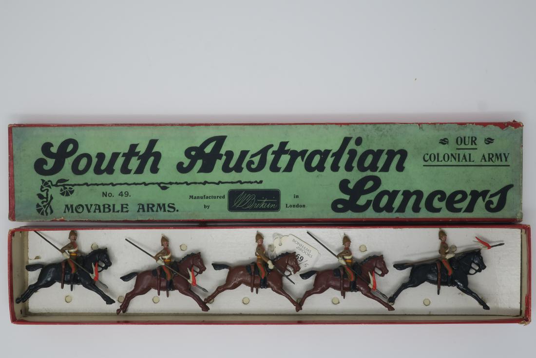 Britains #49 South Australian Lancers: with officer, Second version, undated long carbines, in original Whisstock box (1930). Fair-good, one head repaired, Box fair-good, splits to lid and base edges and corners (5 pieces)