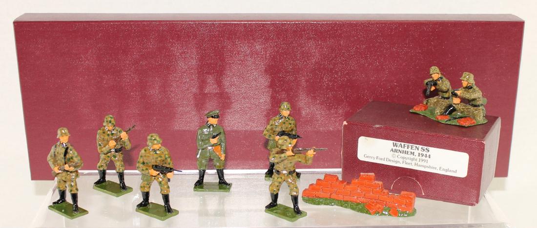 Gerry Ford Design WWII German Waffen-SS Panzer: Gerry Ford Design WWII German 10 Waffen-SS Panzer Division in Arnhem. 2 sets. Includes Officer, troops, machine gunner, observer and brick wall. 8 pieces. Condition very good to excellent. Boxes very 