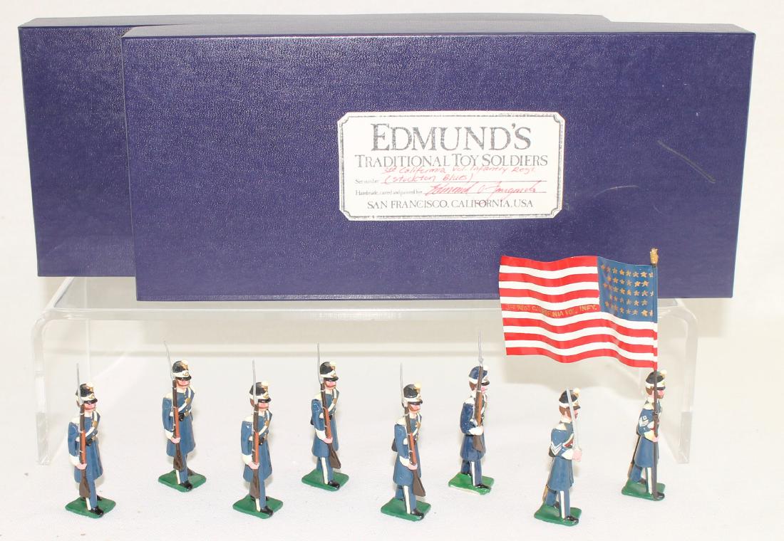 Edmund's 3rd California Infantry Regiment: Edmund's 3rd California Infantry Regiment Color Party (1861) "The Stockton Blues". Expanded set includes special order flag bearer and extra trooper. 8 pieces. Condition excellent. Boxes very good.