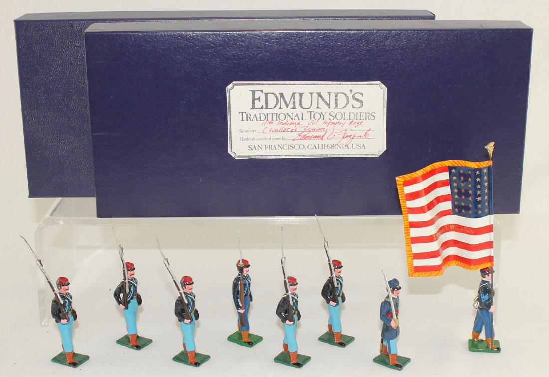 Edmund's 11th Indiana Volunteer Regiment: Edmund's 11th Indiana Volunteer Infantry Regiment Color Party (1861) "Wallace's Zouaves". Expanded set includes special order flag bearer and extra trooper. 8 pieces. Condition excellent. Boxes very g