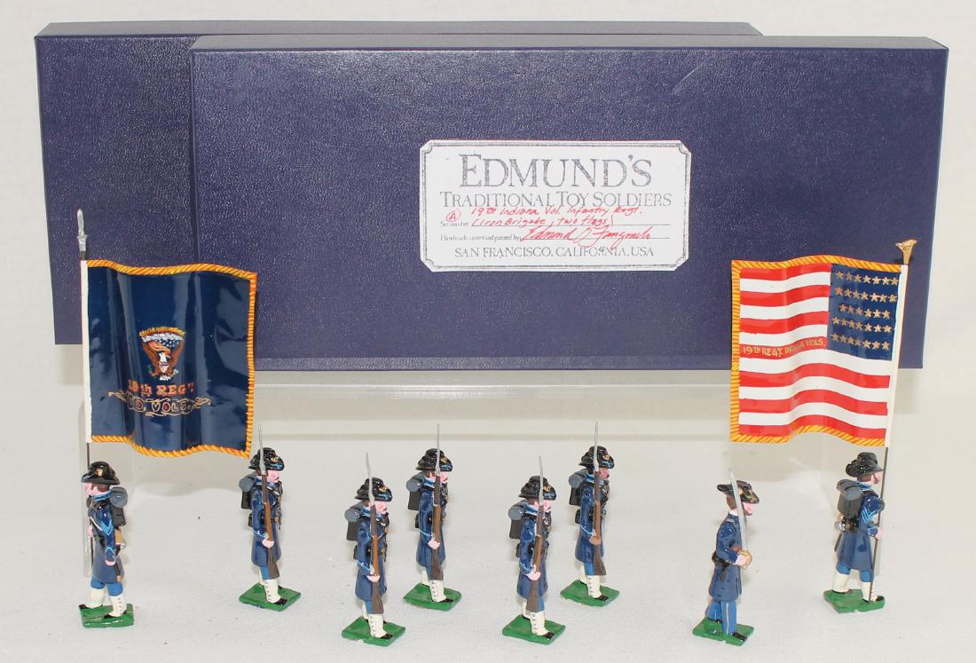 Edmund's 19th Indiana Volunteer Regiment: Edmund's 19th Indiana Volunteer Infantry Regiment Color Party (1861) "Iron Brigade". Expanded set includes special order flag bearer and extra trooper. 8 pieces. Condition excellent. Boxes very good.
