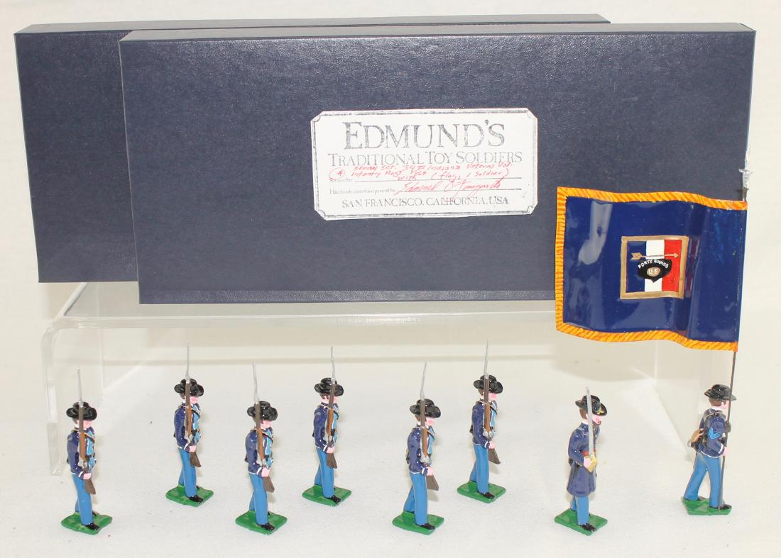 Edmund's 34th Indiana Volunteer Regiment: Edmund's 34th Indiana Volunteer Infantry Regiment Color Party (1864) "The Morton Rifles". Expanded set includes special order flag bearer and extra trooper. 8 pieces. Condition excellent. Boxes very g
