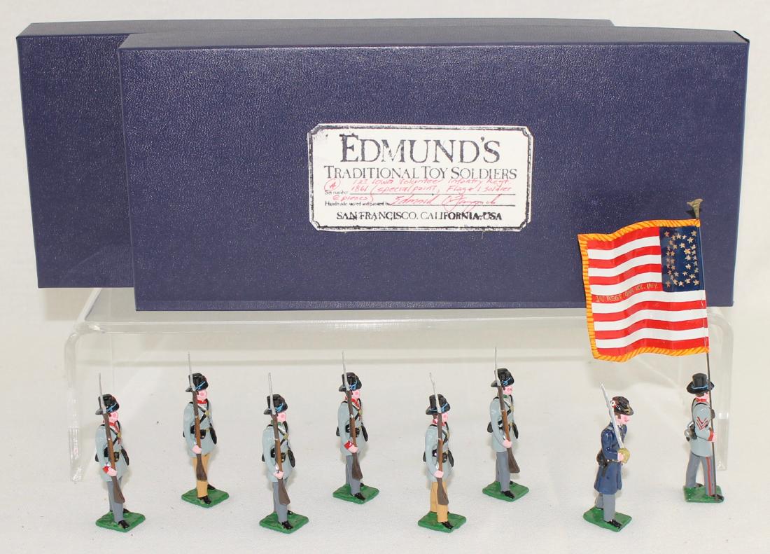 Edmund's 1st Iowa Volunteer Regiment: Edmund's 1st Iowa Volunteer Infantry Regiment Color Party (1861). Expanded set includes special order flag bearer and extra trooper. 8 pieces. Condition excellent. Boxes very good.