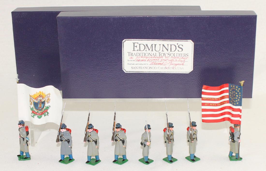 Edmund's 20th Massachusetts Volunteer Regiment: Edmund's 20th Massachusetts Volunteer Infantry Regiment Color Party (1861). Expanded set includes special order flag bearer and extra trooper. 8 pieces. Condition excellent. Boxes very good.
