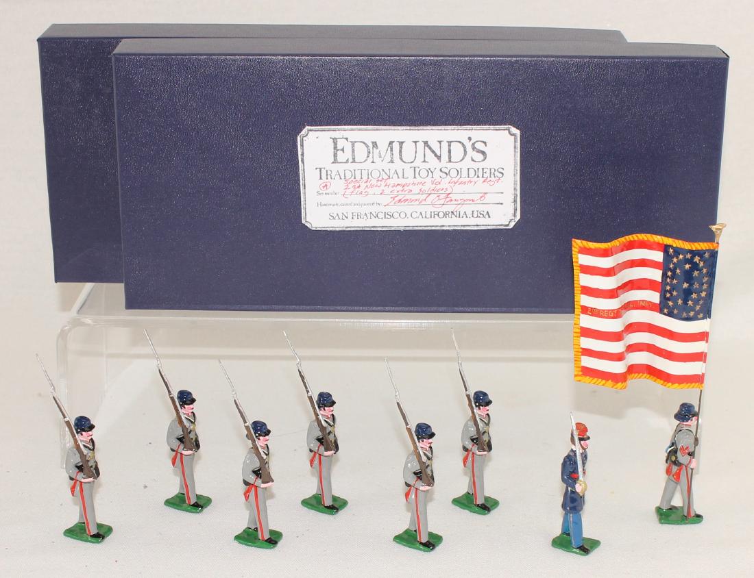 Edmund's 2nd New Hampshire Volunteer Regiment: Edmund's 2nd New Hampshire Volunteer Infantry Regiment Color Party (1861). Expanded set includes special order flag bearer and extra trooper. 8 pieces. Condition excellent. Boxes very good.